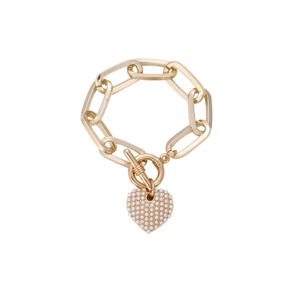

Trend Jewelry Fashion ins Heart-shaped Pearl Bracelet Hip Hop Cuban Thick Chain Bracelet