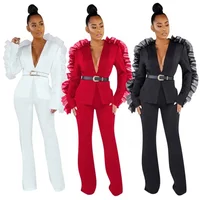 

new 2 piece women outfits ruffles sleeve mesh blazer and pant set