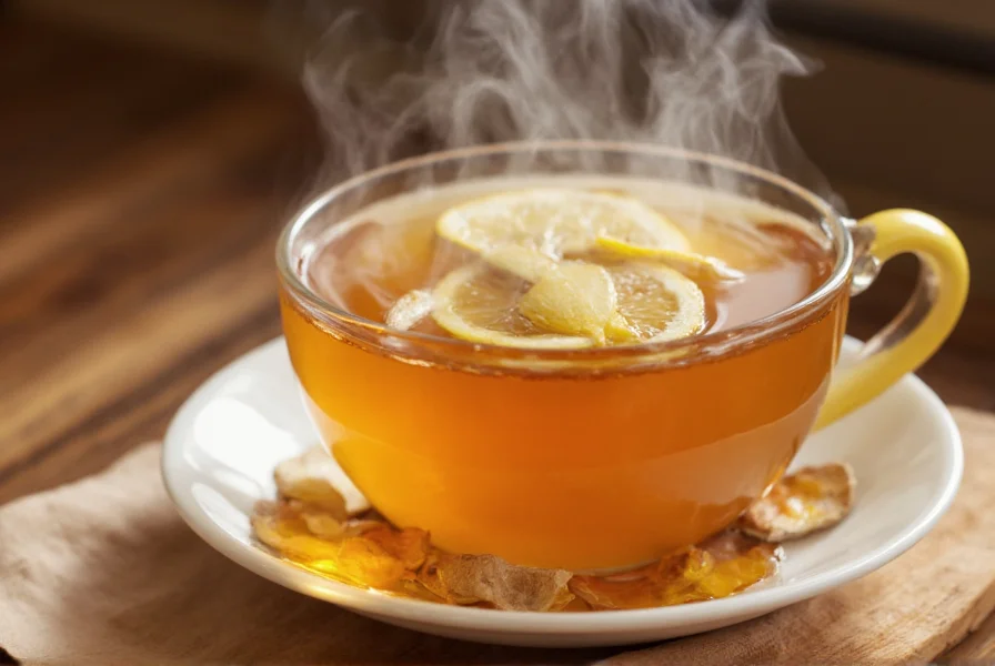 Cup of steaming ginger tea with fresh ginger slices and lemon on a wooden table