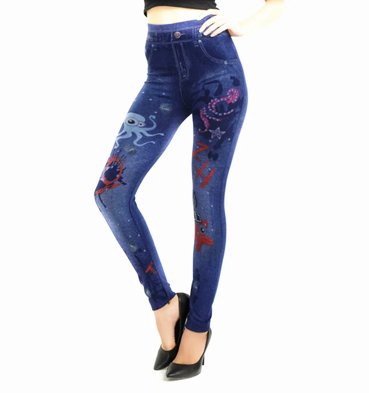 

Womens seamless print flowers sliming jeans legging jegging high elastic denim jean pants