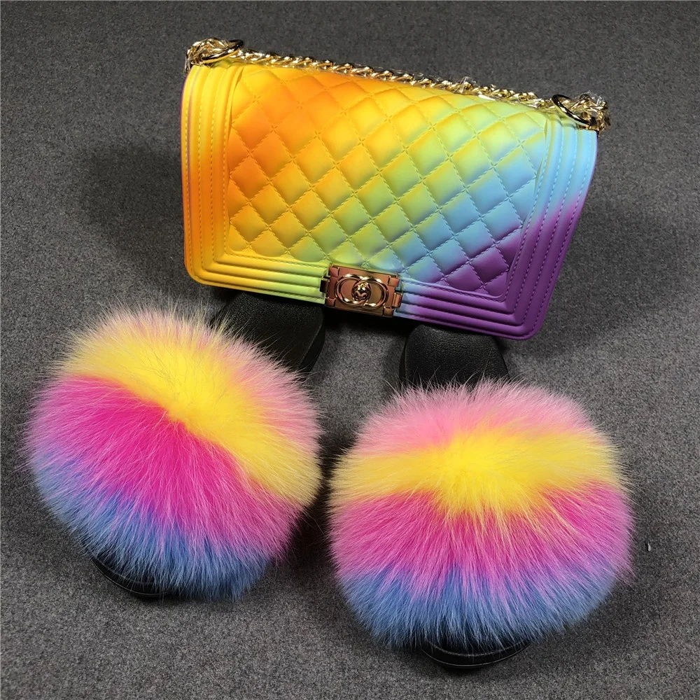 

Custom logo fur shoes real fox fur slides women fashion slippers jelly bag fanny pack fur slides with purse set, As picture show or customized