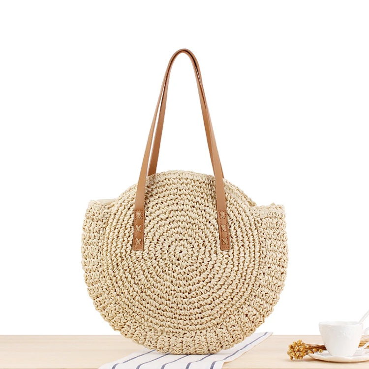 

Buckle Portable Net Crochet Bag Handmade Woven Round Straw Bag Beach Vacation Bag