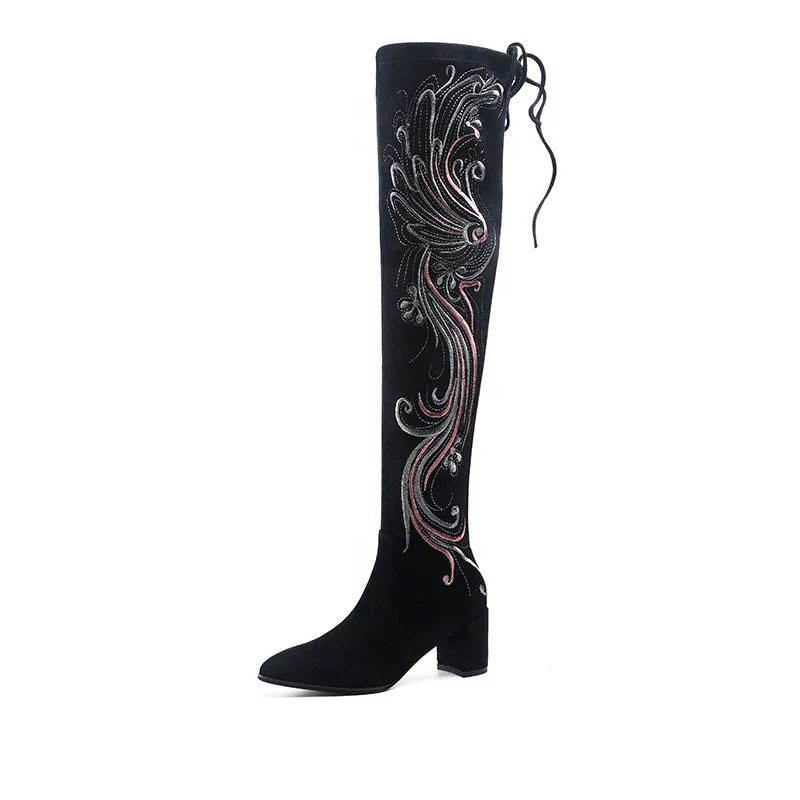 

J333 Embroidery dot over knee ladies flock long boots women shoes heels, Black