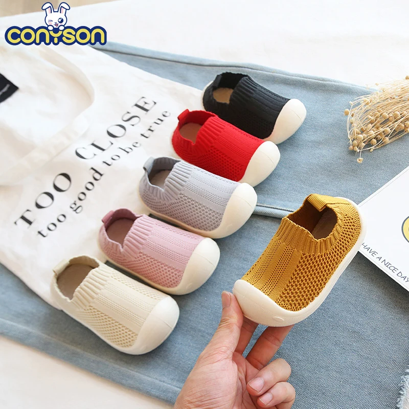 

Conyson Wholesale Hot Sale Rubber Flying Woven Soft Kids Unisex Shoes Socks Non Skid Floor Mesh Breathable Solid Baby Shoes, Picture shows