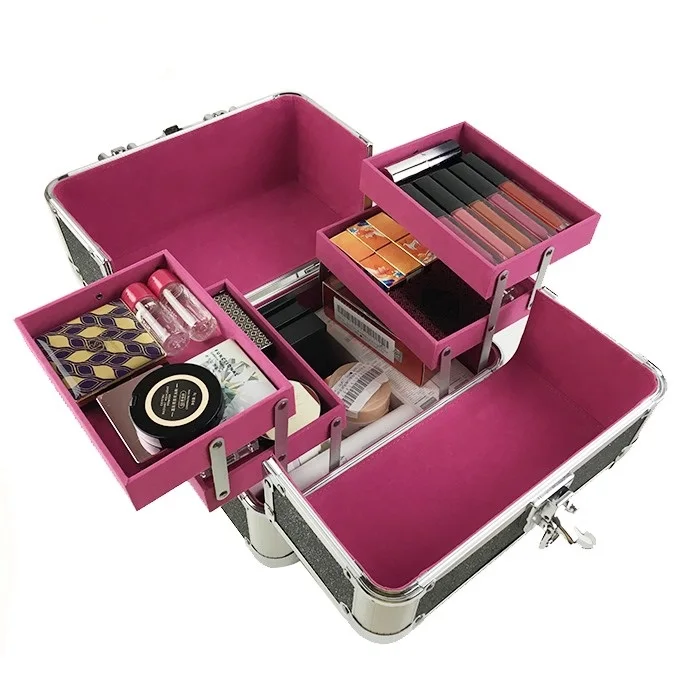 

Professional Aluminum Make Up Box Travel Bag Caja De Maquillaje Cosmetic Organizing Box Makeup Kits Storage Glitter Beauty Case, Black
