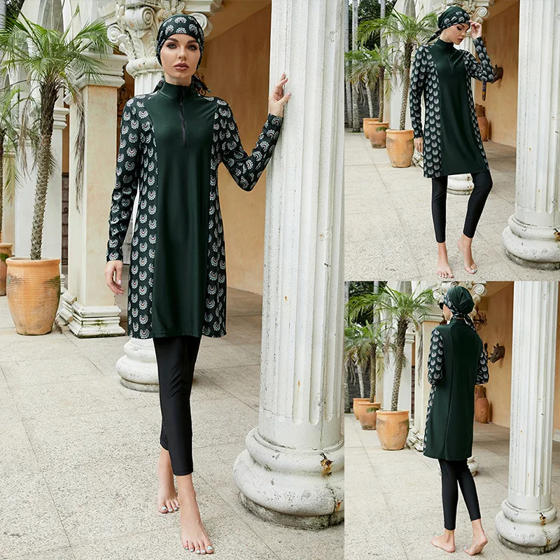 

Muslim Women Swimwear Modest Patchwork Hijab Long Sleeves Sport Swimsuit 3 Pieces Set Islamic Burkinis Wear Bathing Swim Suit, Green color