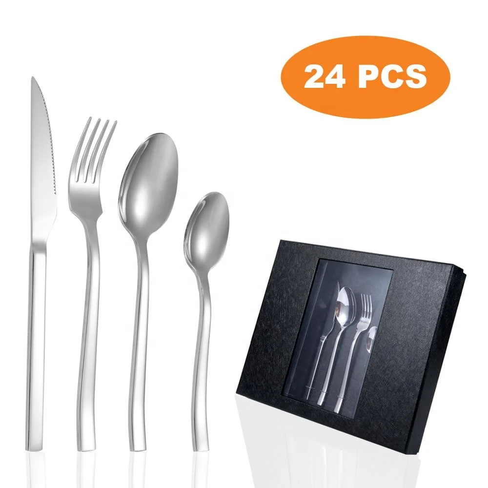 

24pcs flatware silverware 24 pieces stainless steel luxury cutlery set with gift case, Silver