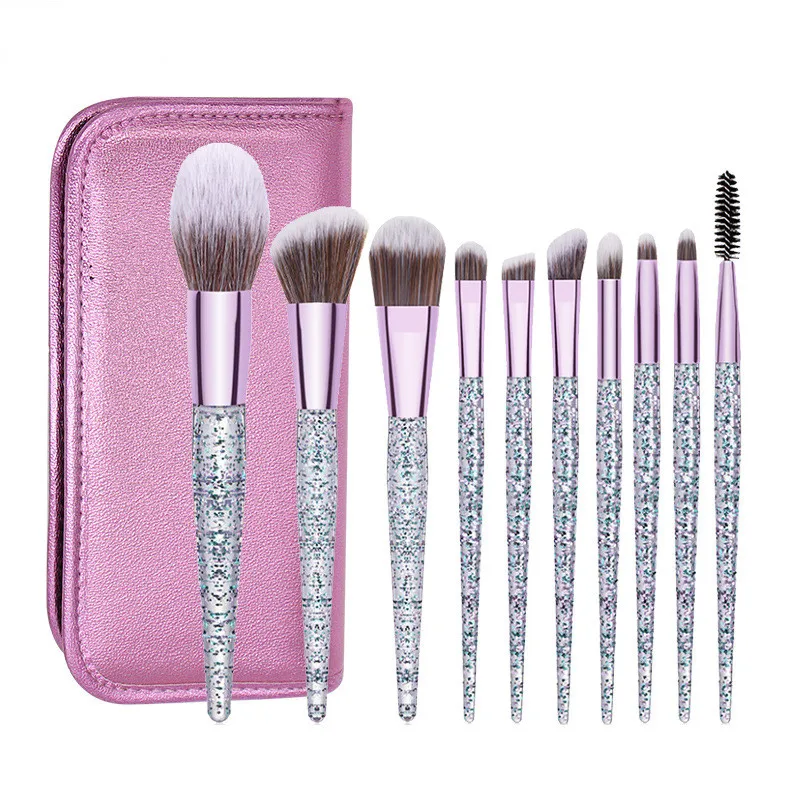 

Plastic Acrylic Handle Kids Blinged Out Powder Transparent Makeup Brush Sets With A Bag, Green, pink, purple