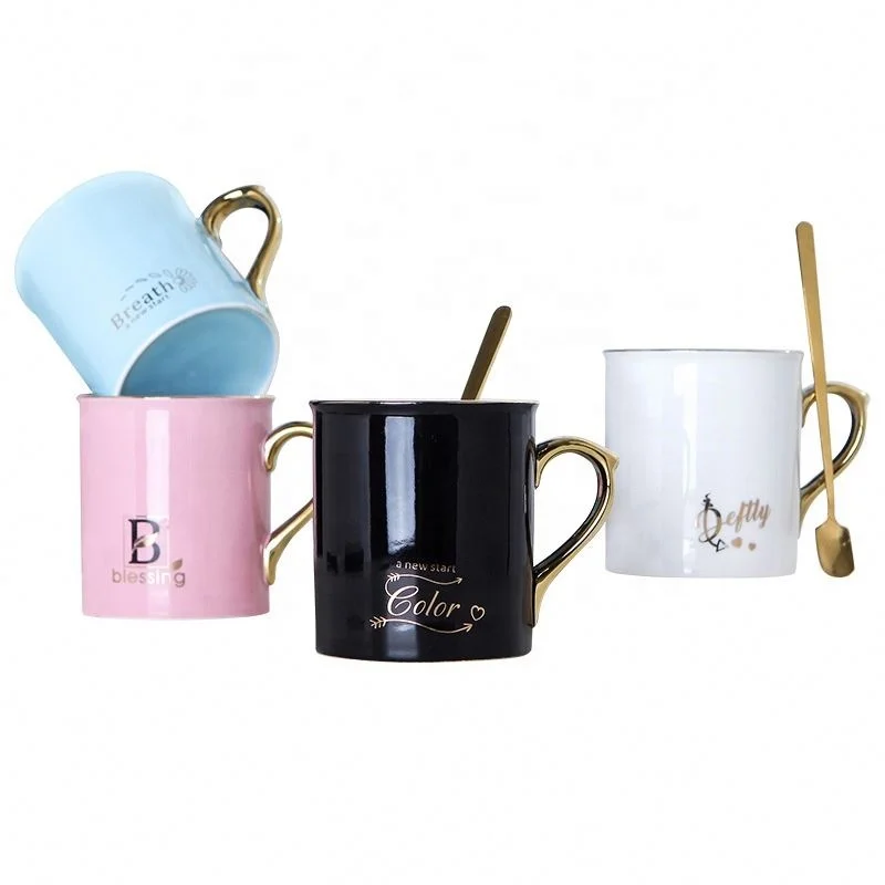 

340ML Customized High Grade Ceramic Coffee Cup Mugs For Coffee /Milk With Gold Handle /Spoon, White ,black ,pink ,blue