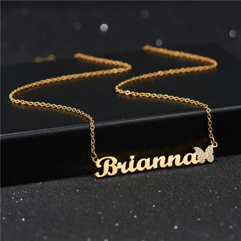 

Silver Rose Gold Plated Crystal CZ Personalized Butterfly Diamond Name Necklace