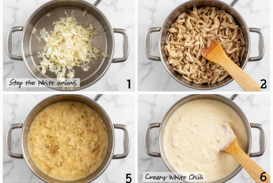 Step-by-step white chili cooking process showing sautéed onions, shredded chicken, and finished creamy white chili in pot