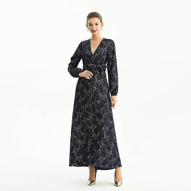 

C165 women long sleeves lace dress fall western long black dress for ladis