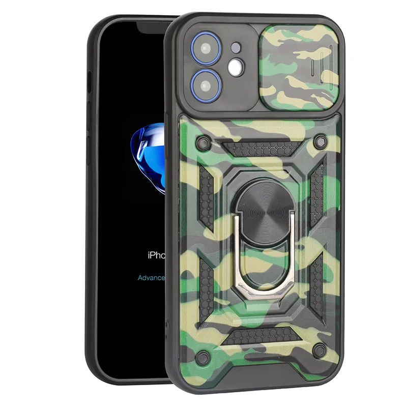 

Army Camouflage Phone Case For iPhone 13 12 11 Pro Max Xs Xr Xs Max 7 8 Plus Sliding Window Lens Camera Protective Cover, Multi colors