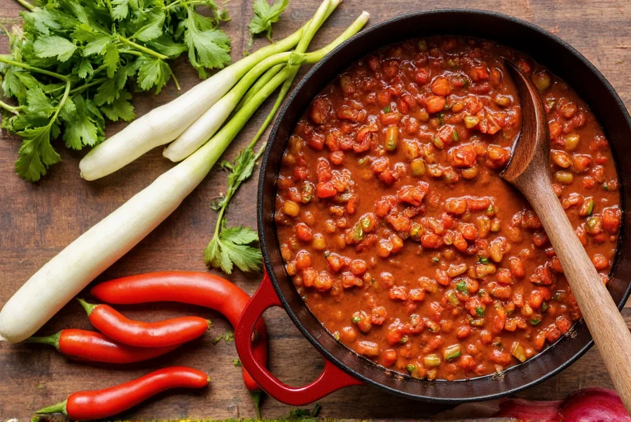 Various vegetables suitable for thickening chili shown next to a pot of chili