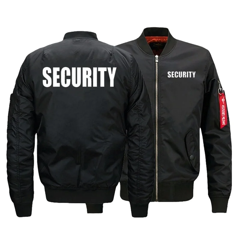 Black Security Uniform Bomber Jackets Warm Zipper Flight Jacket For
