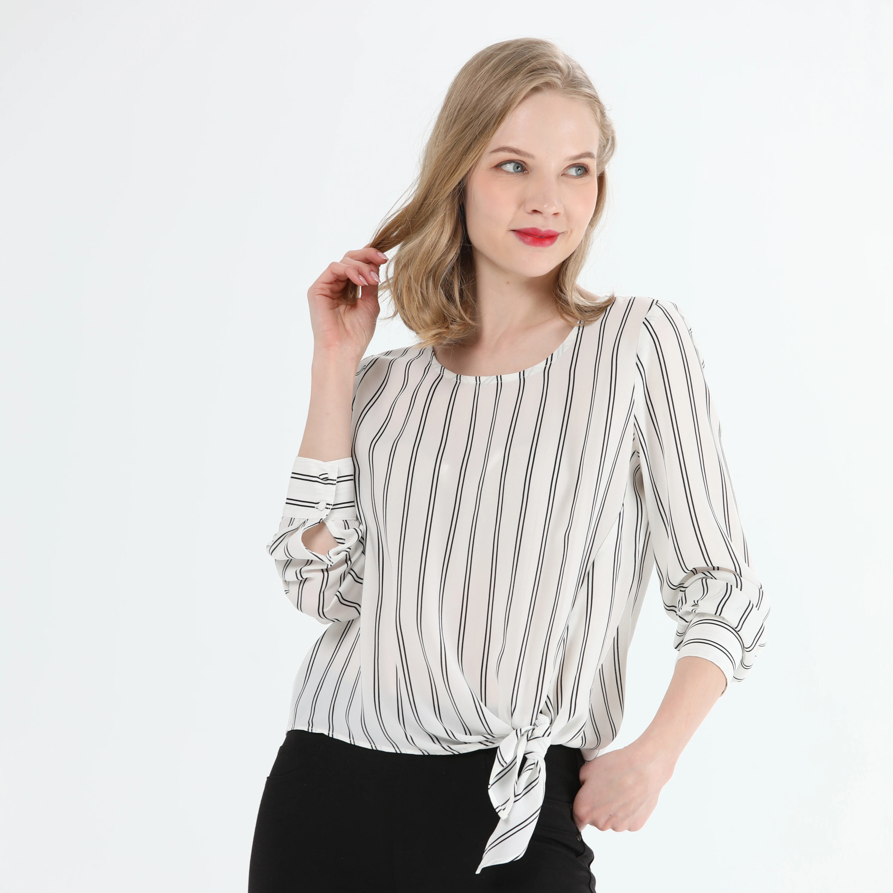 

Women Chiffon White Long Sleeve Round Neck Casual Knot Ladies Elegant Woman Shirt Top Blouse