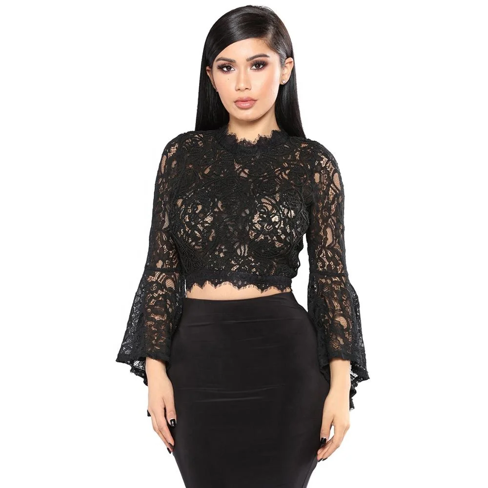 

B60894A 2019 summer long flare sleeve black women sexy lace ruffles shirt