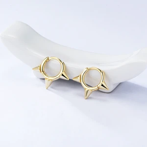 Peishang 925 Sterling Silver Hips Hop Jewelry women Gold Plated Hoops Spike Earrings 2
