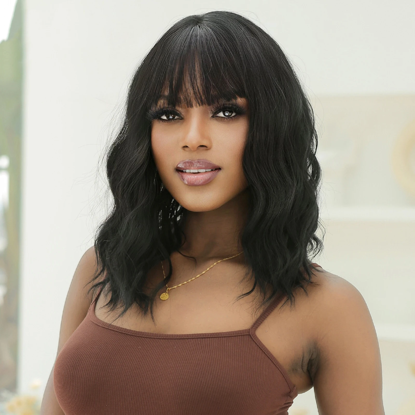 Factory Fast Delivery Black Short Bob Synthetic Wigs for Women Natural Water Wave Hair Wig Shoulder Length