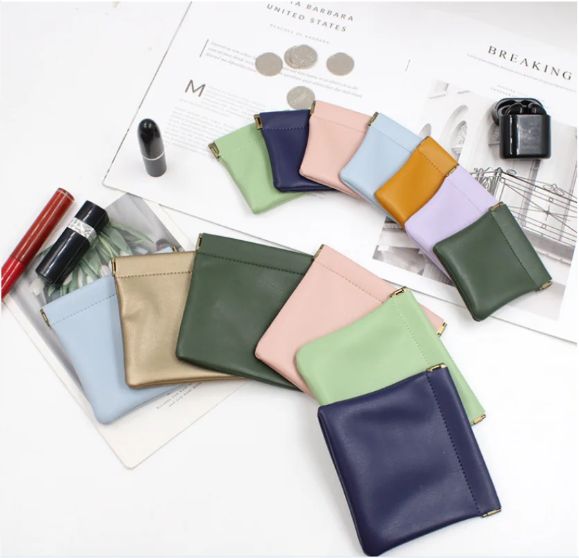 

2021 Wholesale Leather Money Purse Squeeze Change Coin Bags Pouch Mini Trinket Bag, Black, red, pink, blue, green, orange, or customized