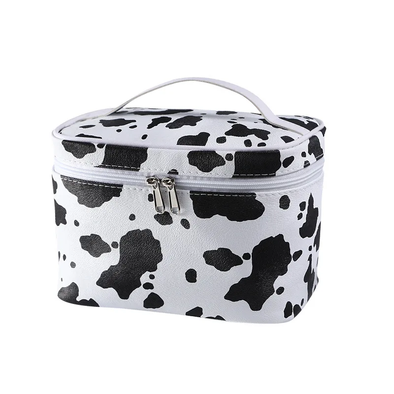 

INS Fashion Waterproof Leather Cosmetic Bag Portable Travel Make Up Case Zipper Pouch Creative Cow Pattern Pu Makeup Box, White black
