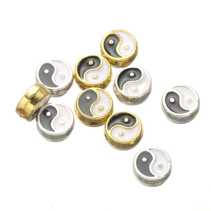 

DIY Alloy Jewelry Making Gold and Silver Plated Beads Tai Chi Bagua Pattern Bracelet Necklace Separate Loose Beads, As view