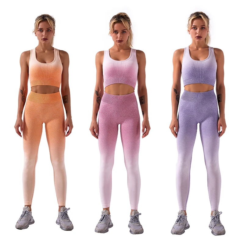 

Hot Selling Color Gradient Seamless 2 Piece Sets Legging & Padded Sports Bra Support Yoga Gym Workout Clothing Fitness