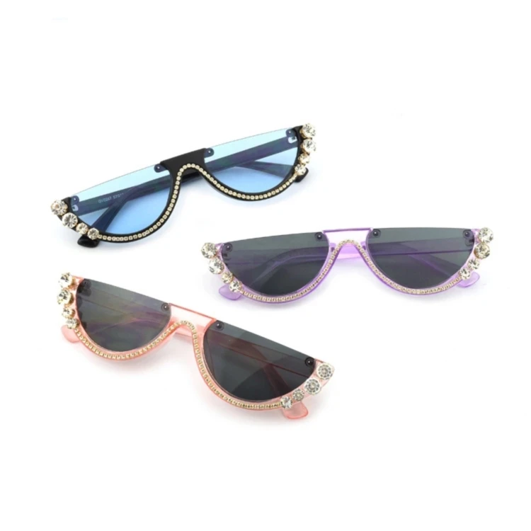 

Hot Fashion Luxury Rhinestone Unisex Eyewear Shades Oversized Half Frame Cat Eye Sunglasses