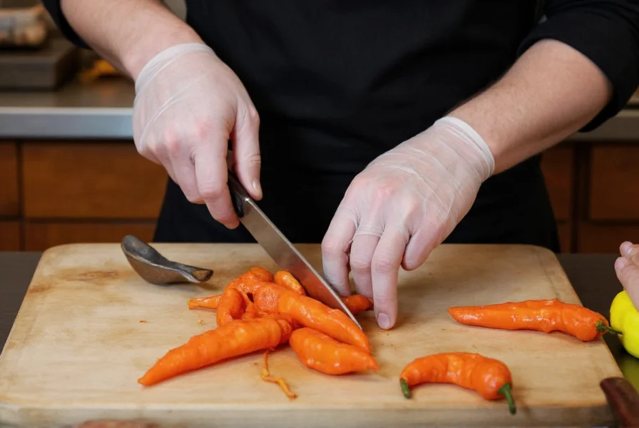 Chef wearing protective gloves carefully slicing a Bhut ghost pepper on a cutting board with safety equipment nearby