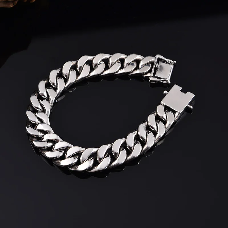 

S925 Sterling Silver Cuban Chain Bracelet For Men Thai Silver Glossy Cuban Punk Rock Simple Safety Buckle Bracelet