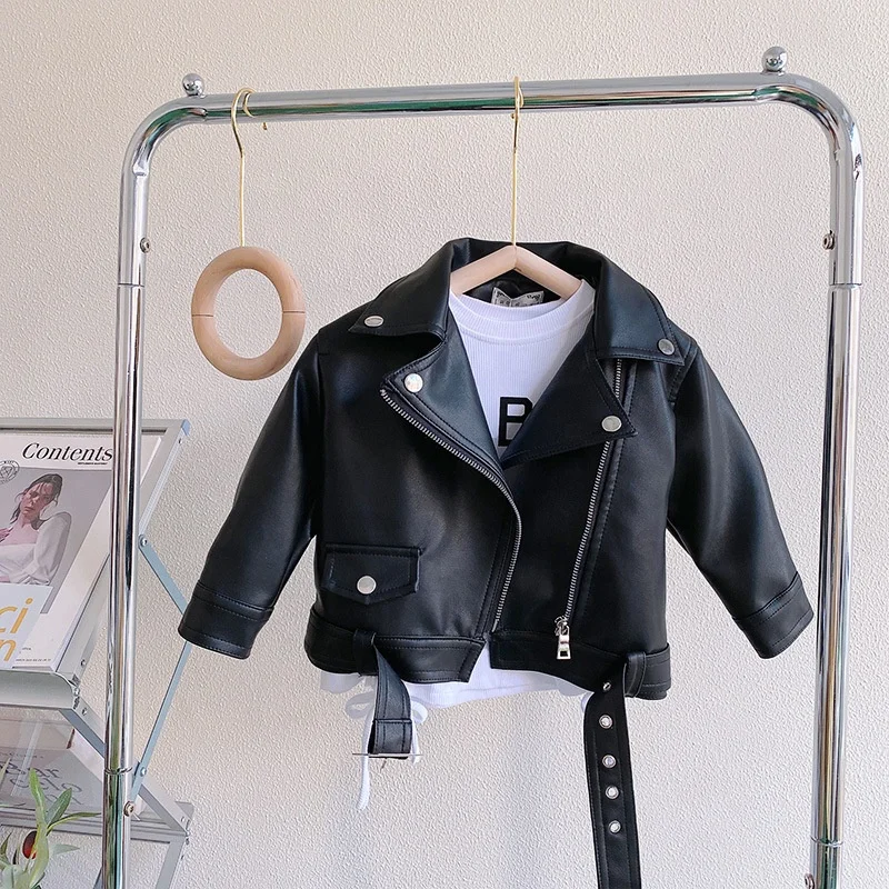 

2023 New children winter long sleeve PU leather jacket girls korean style zipper jacket outwear