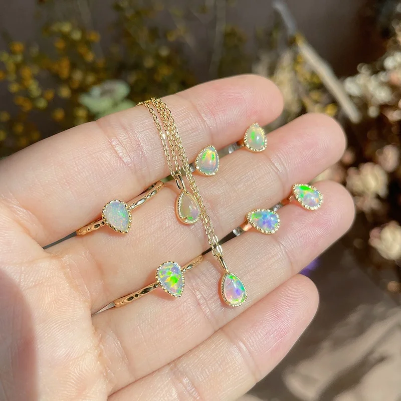 

Sparkling Natural Opal Stone Droplet Waterdrop Necklace Ring Earrings Mini Jewelry Three Pieces a Set