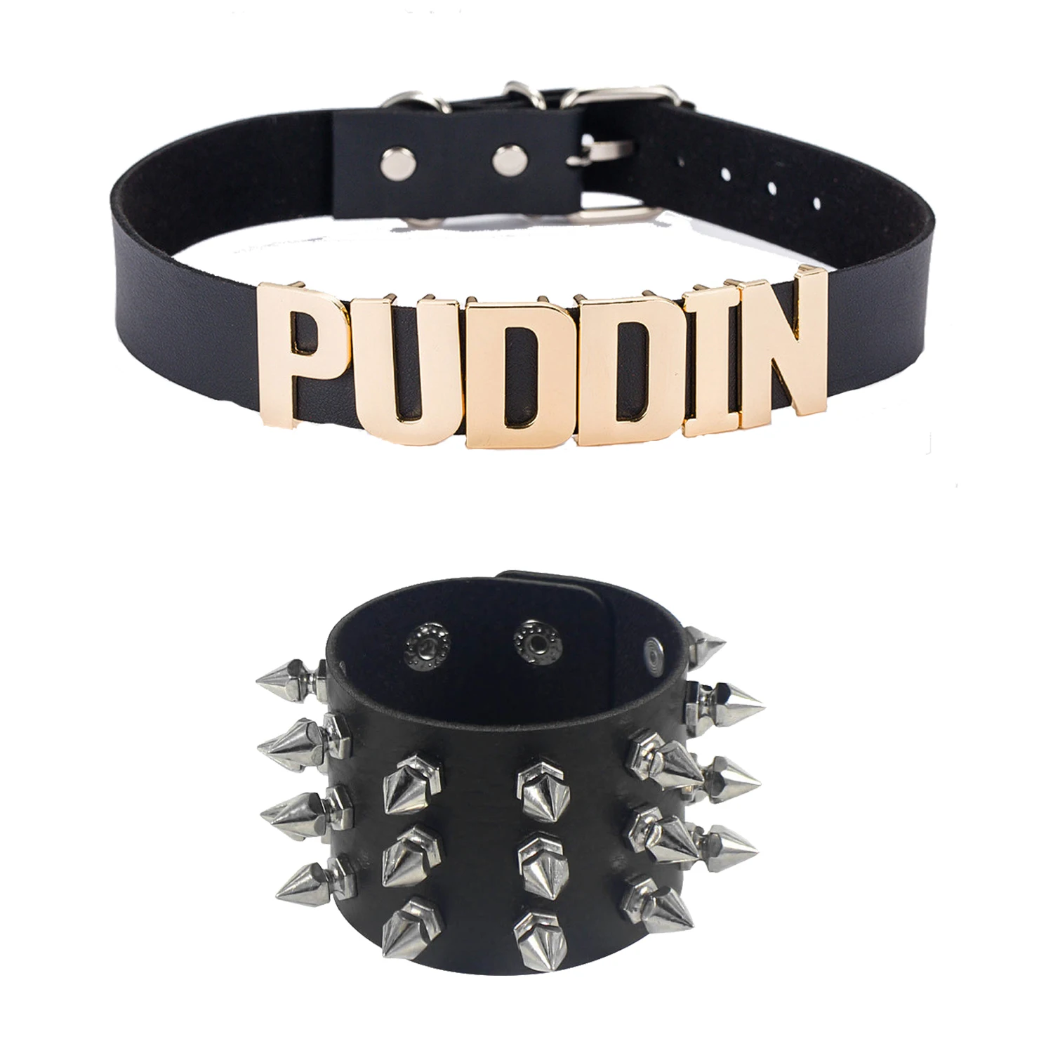 

Hipster Punk Harley Quinn Choker Necklace PUDDIN Collar Leather Necklace And Bracelet Set, Black,white