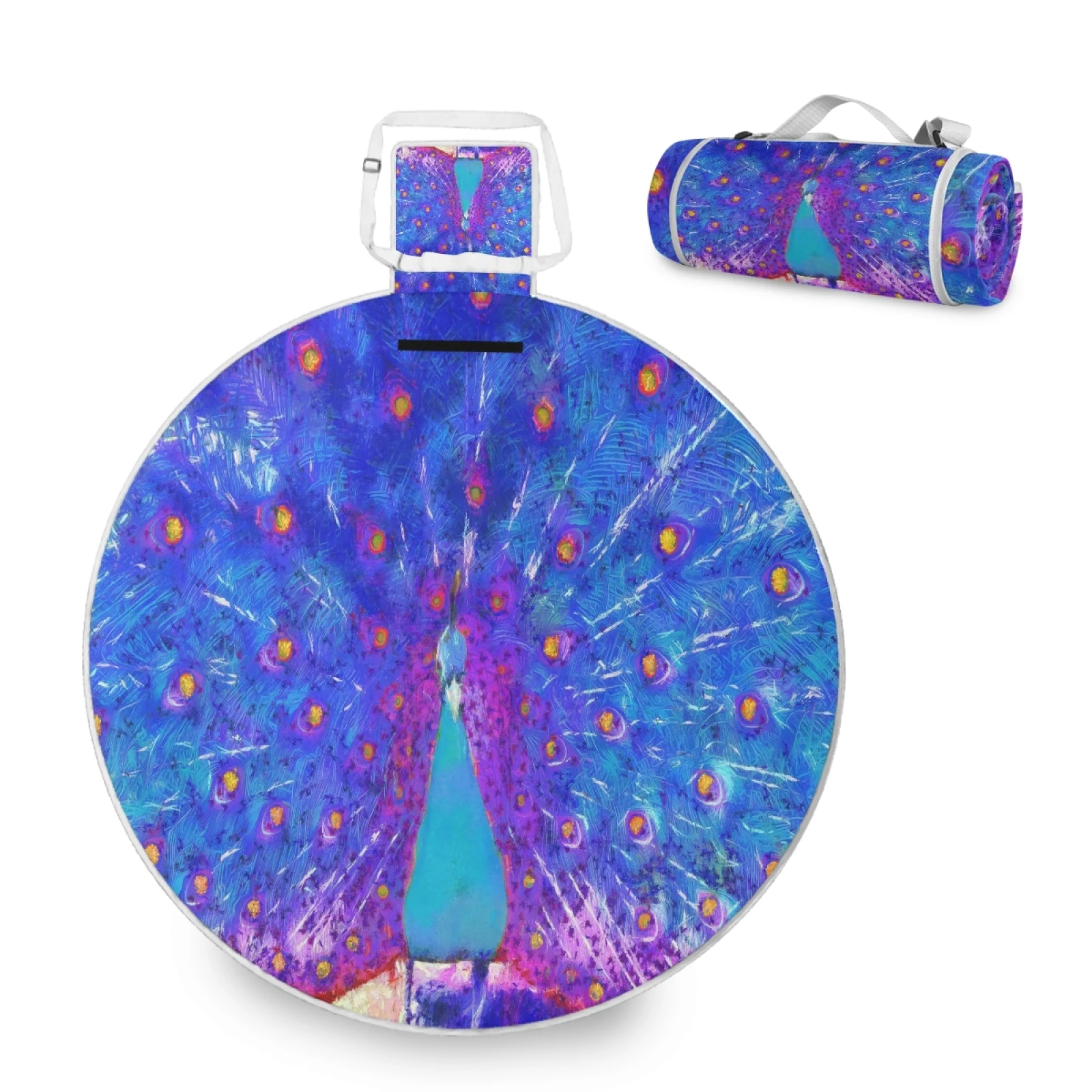

Oversized Foldable Outdoor Peacock Print Beach Blanket Round Camping Mat