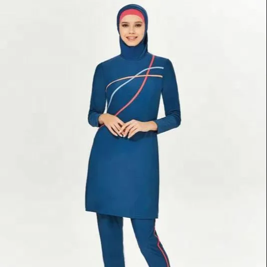 

MOTIVE FORCE Colorful Strips Middle East Ethnic Swimwear Long Sleeve Top + Long Pants + Hijab 3pcs/set, Navy blue