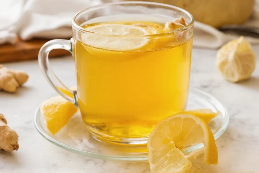 Close-up of hands holding a ceramic mug of golden ginger lemon tea with fresh ingredients beside it