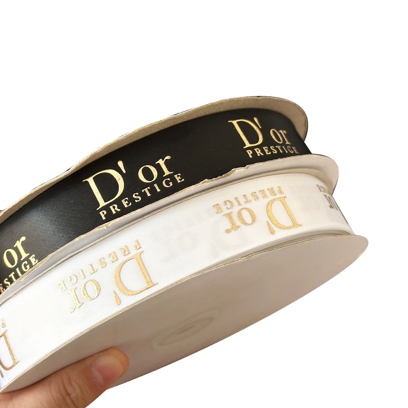 

Factory sale luxury black satin ribbon with gold foil stamping logo