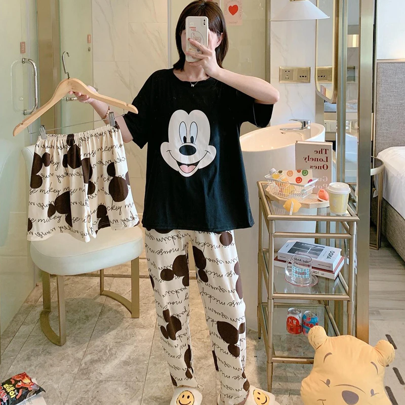 

women's summer milk silk Pajamas clothing short sleeve shorts trousers 3 piece set housewear korean style cartoon sleepwear