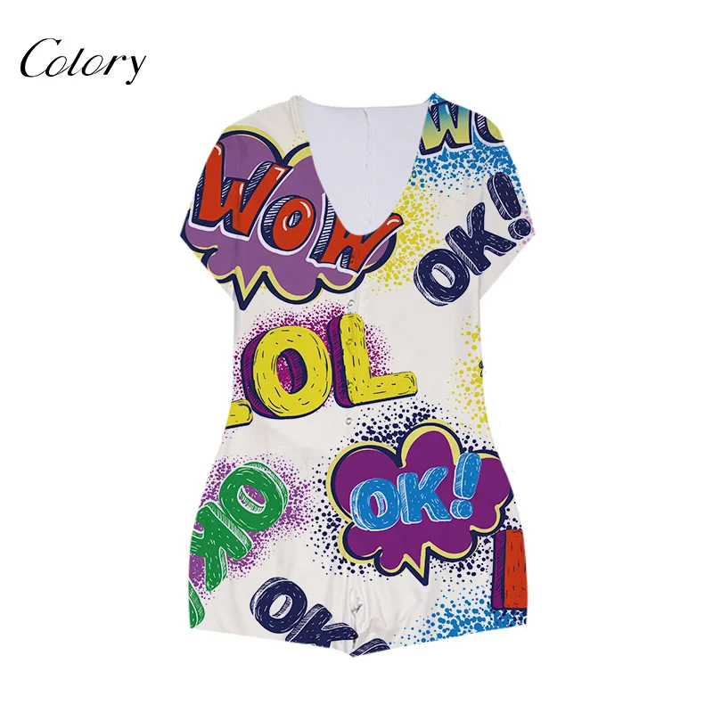 

Colory Long V-neck Butt Pocket Pajamas Short Sleeve Women Printed Romper, Picture shows