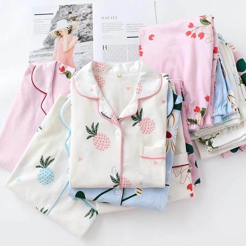 

High Quality 100% Cotton Sleepwear Women Floral Print Pajamas Set Autumn Winter Single-breasted Female Homewear Pajama Suit