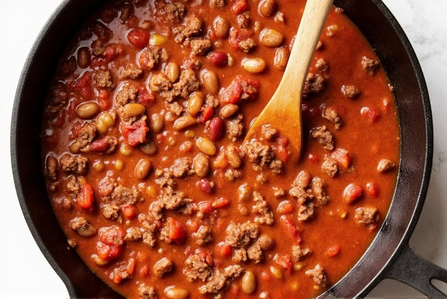 One-pot easy chili recipe with ground beef, beans, and tomatoes in a cast iron pot