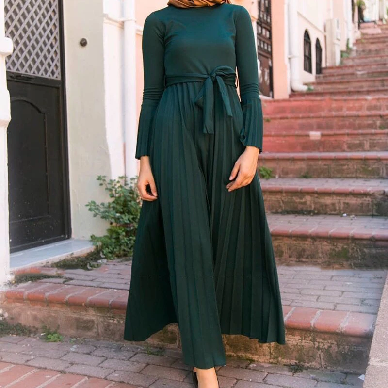 

Islamic clothing women Fashion long sleeve Pleated Black Dark Green abaya dubai best selling monsoon For Muslim Arab Woman