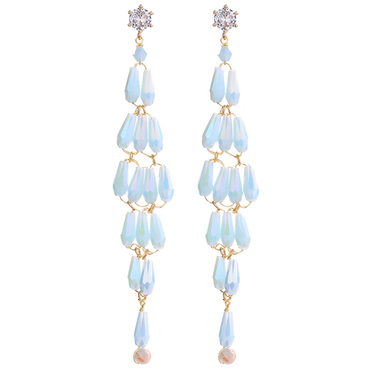 

QIANZUYIN Designer Custom Jewelry Women Crystal Earrings Long Tassel Earrings, Golden blue