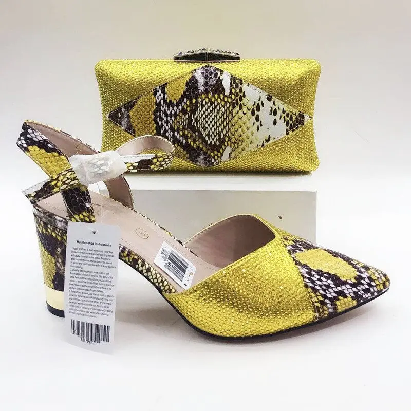 

Wholesale yellow color Italian design high heel matching shoe and bag for women, As picture