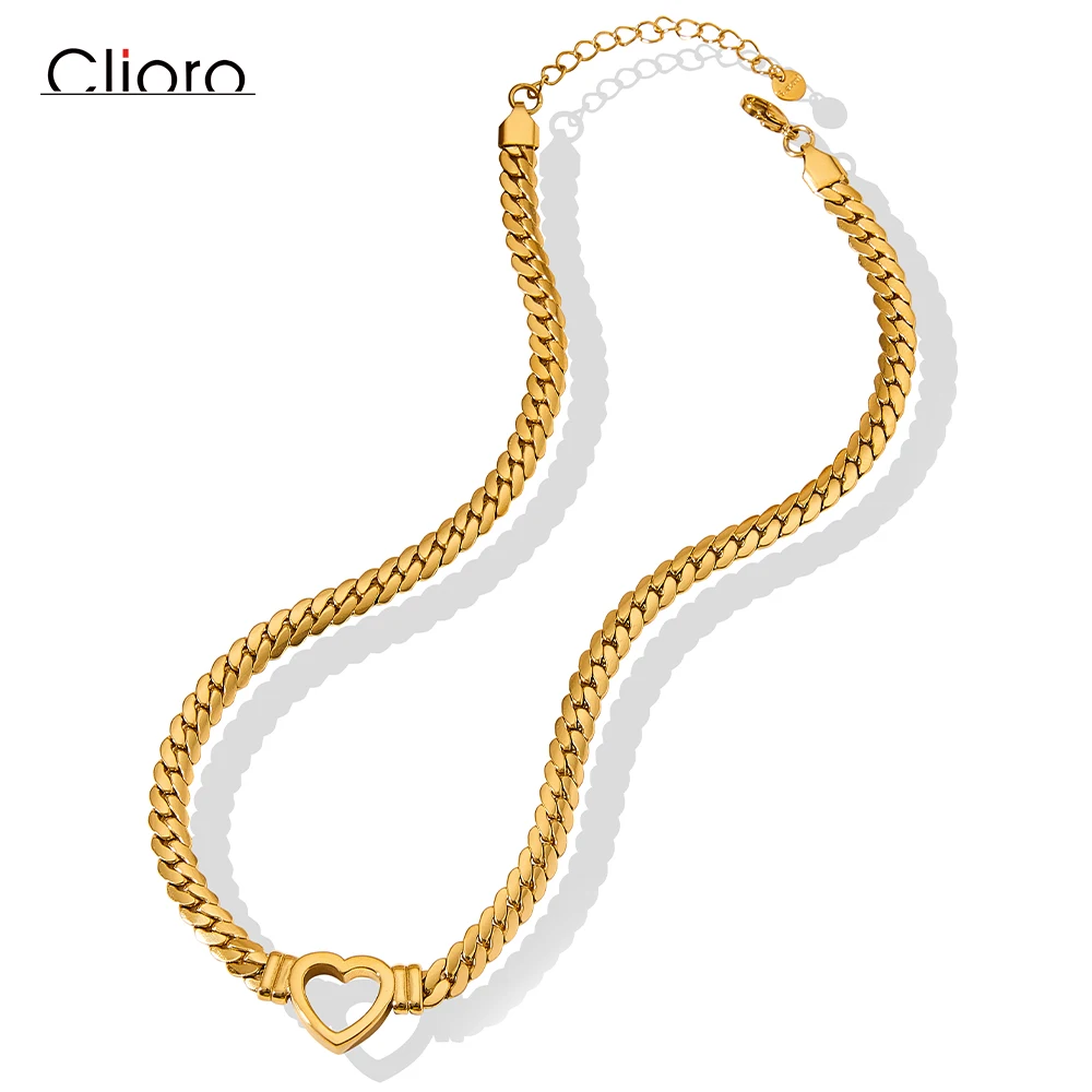 

2022 New Waterproof Cast Thick Cuban Chain Heart Stainless Steel Love Gold Statement Collar Necklace Jewelry Women