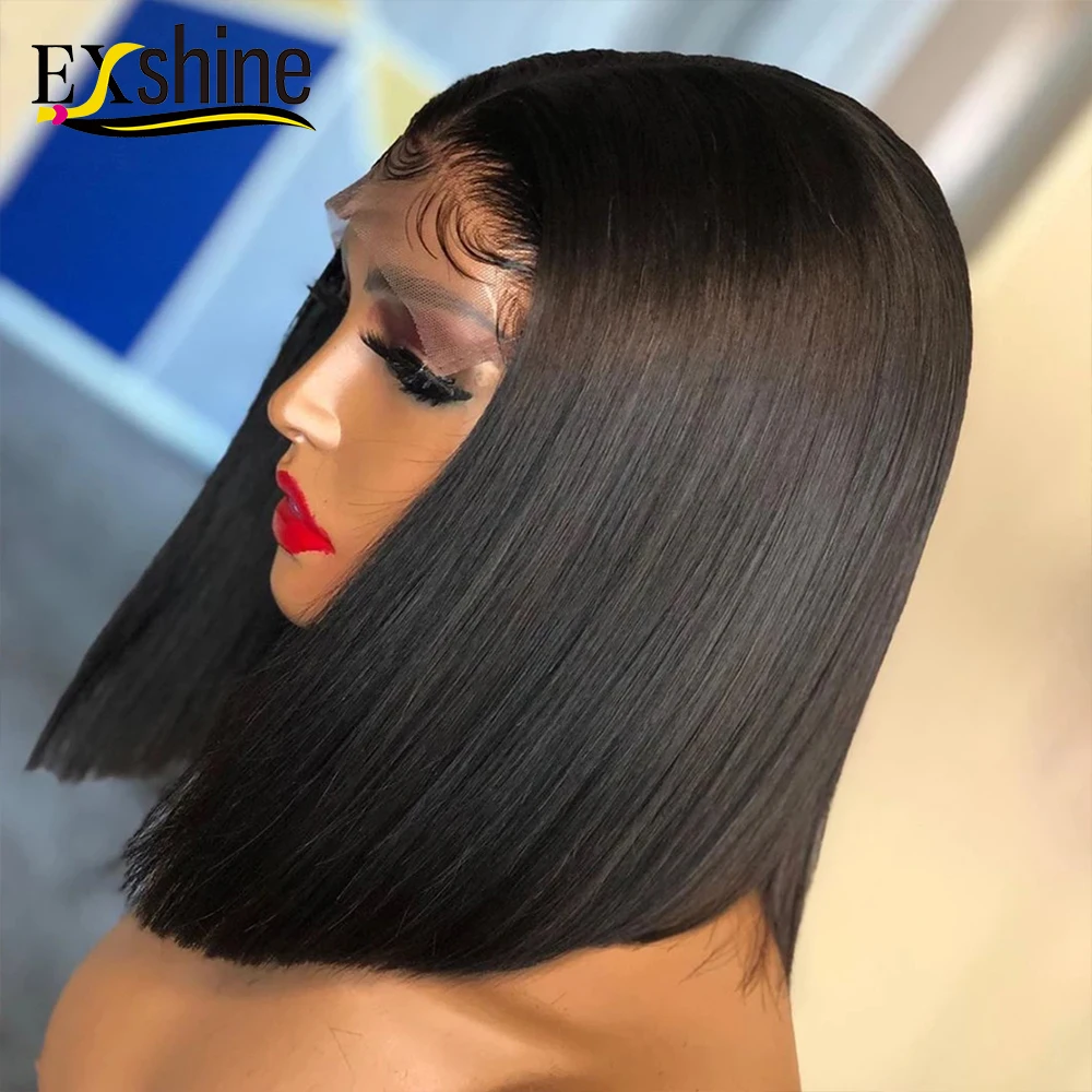 

Exshine 8 Inch Peruvian Human Hair Lace Front Short Bob Wig, Wholesale Straight Human Hair Bob Peruvian Wigs for black women