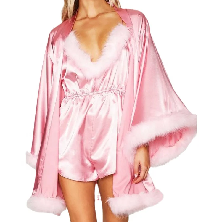 

Sexy Nightgown Feather Robe Satin Bridal Plain Robe WIth Fur Fluffy Sleeves Chiffon Lingerie Long Wedding Robe Women