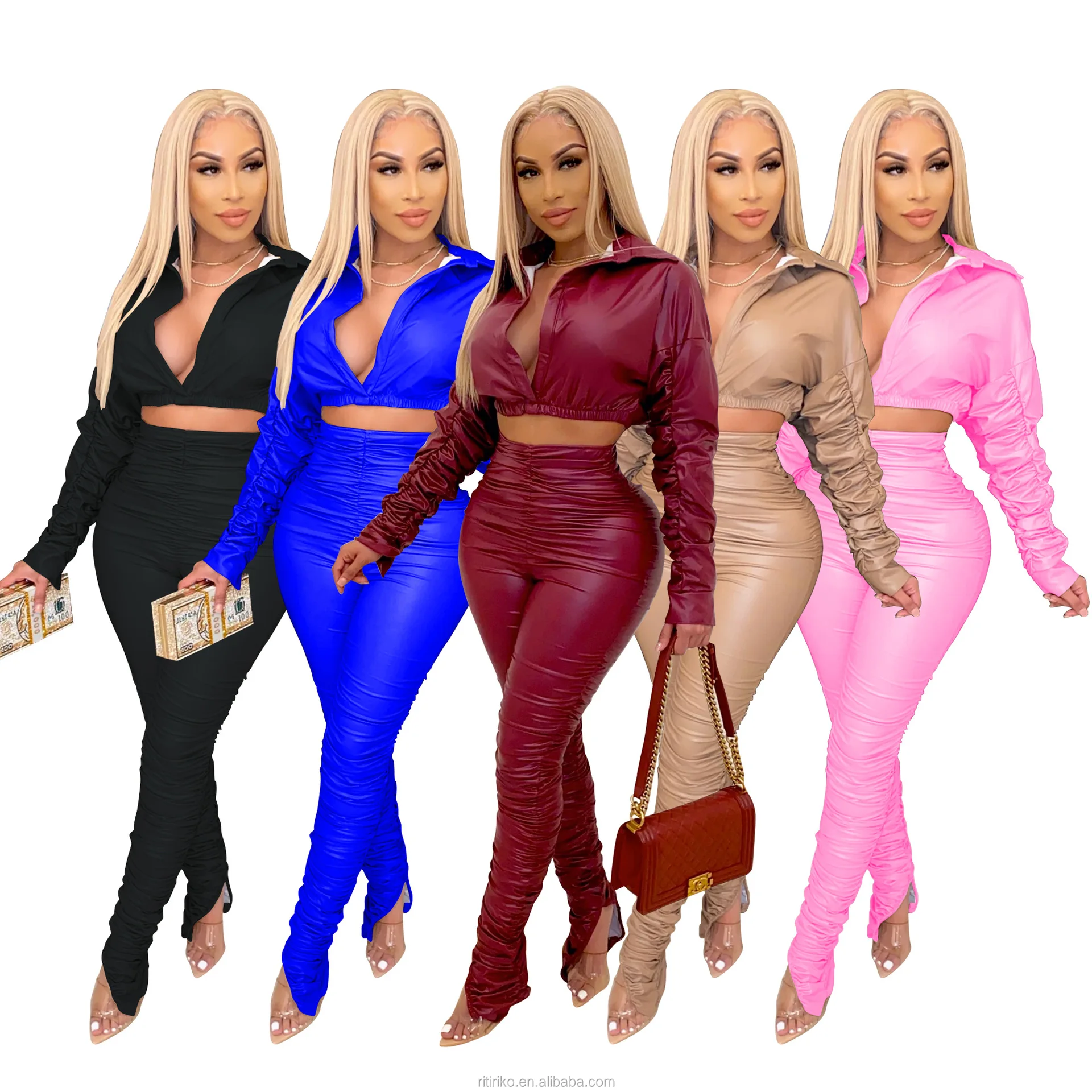 

Fashion Casual Pu Leather Wrinkled Elastic Crop Top Coats And Pants Two Piece Set