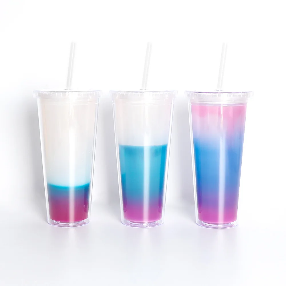 

Manufacturers wholesale double layer plastic cup PS gift cup creative temperature gradient drink straw color changing cup, Customized colors