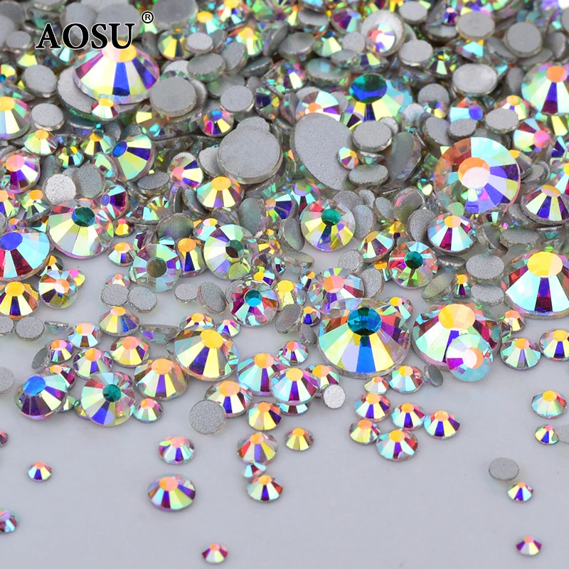 

AOSU Top Quality 40 Colors Non Hotfix Strass Round Crystal Stones Mix Size Crystal AB Flatback Glass Nail Rhinestones, Crystal ab rhinestone
